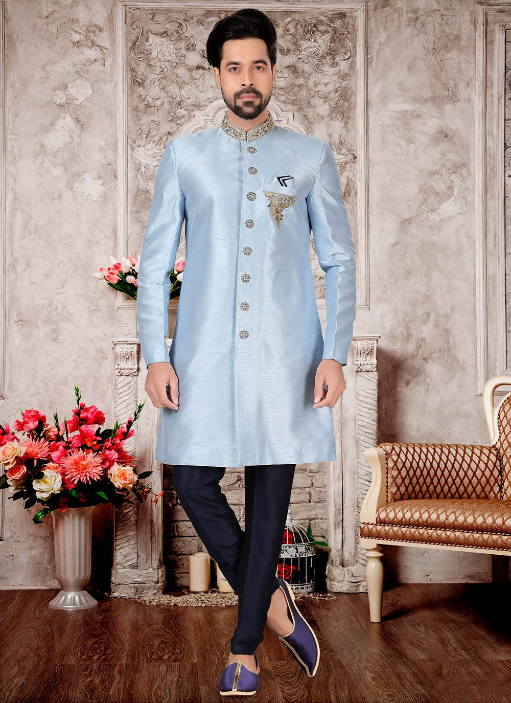 Hand Embroidery Silk Aqua Blue Indo Western Sherwani - M3005