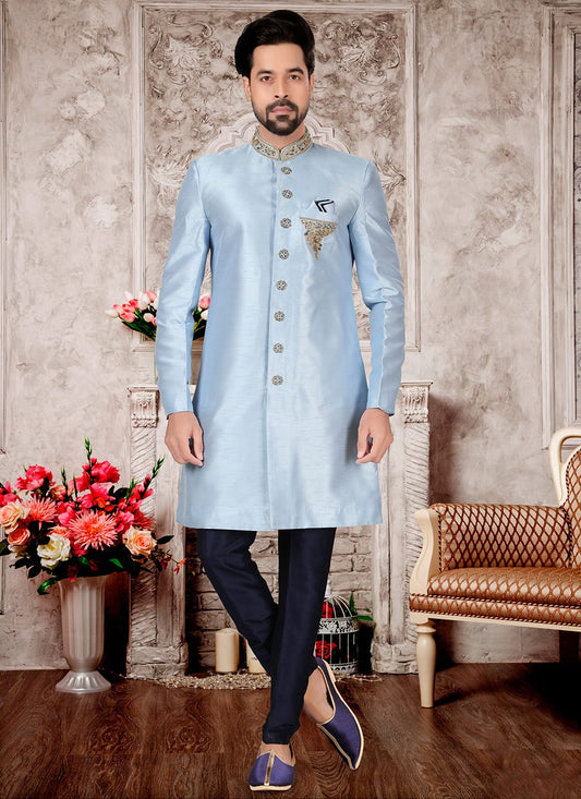 Hand Embroidery Silk Aqua Blue Indo Western Sherwani - M3005