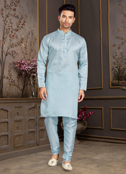 Plain Silk Aqua Blue Kurta Pyjama - M3396