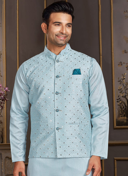 Mirror Silk Aqua Blue Nehru Jackets - M3401