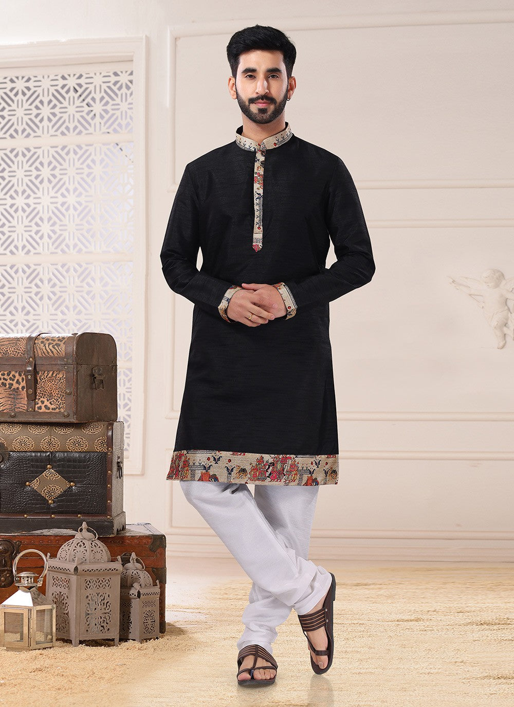 Lace Silk Black Kurta Pyjama - M4687