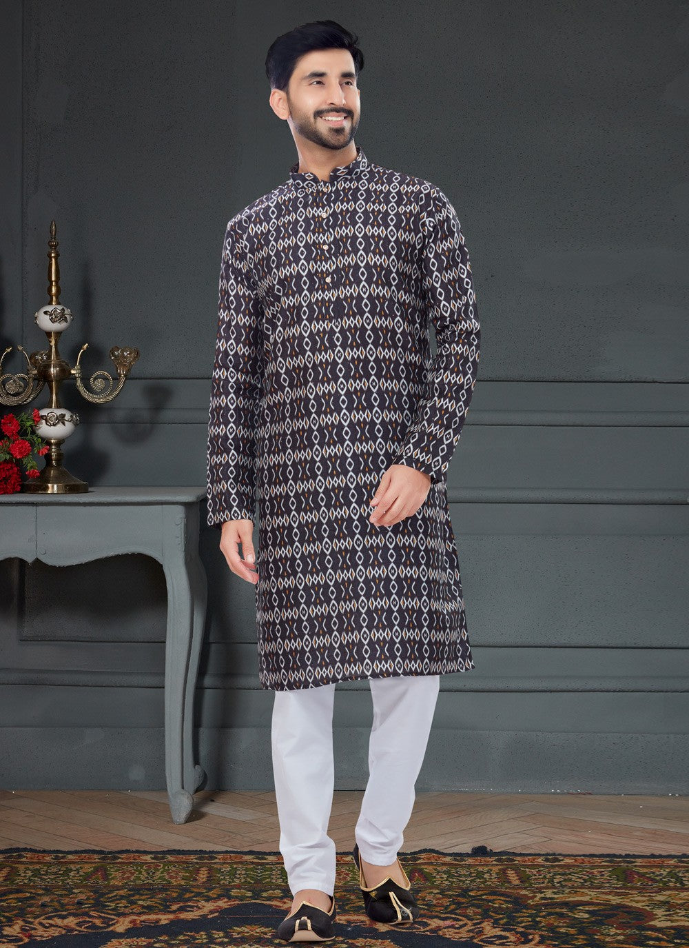 Digital Print Silk Black Kurta Pyjama - M4736