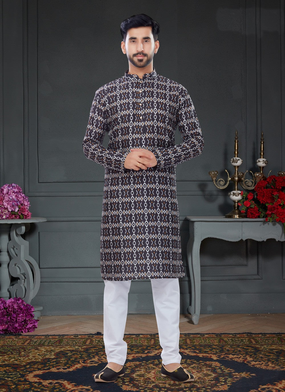 Digital Print Silk Black Kurta Pyjama - M4736