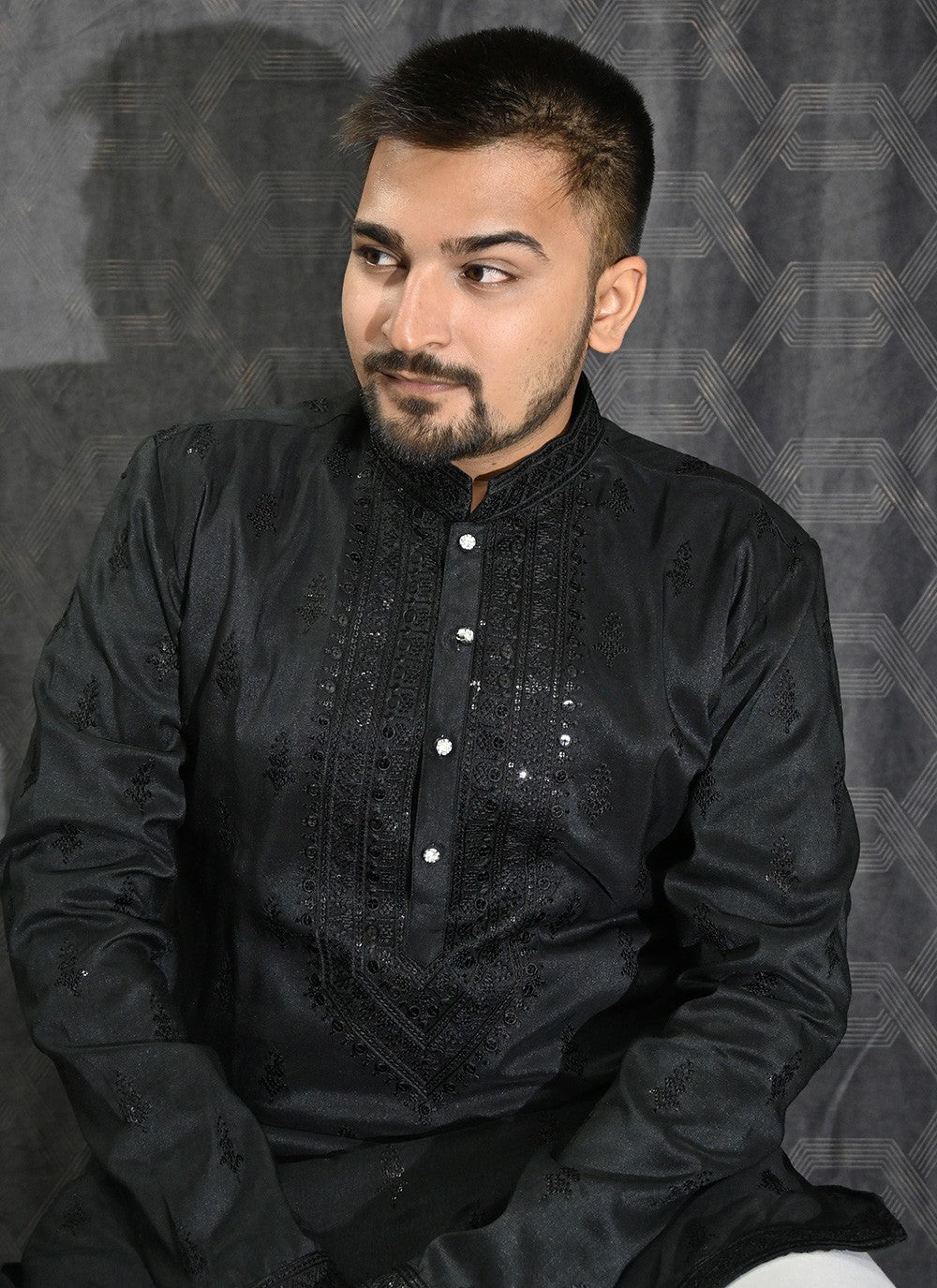 Embroidered Silk Black Kurta Pyjama - M6198