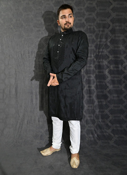 Embroidered Silk Black Kurta Pyjama - M6198