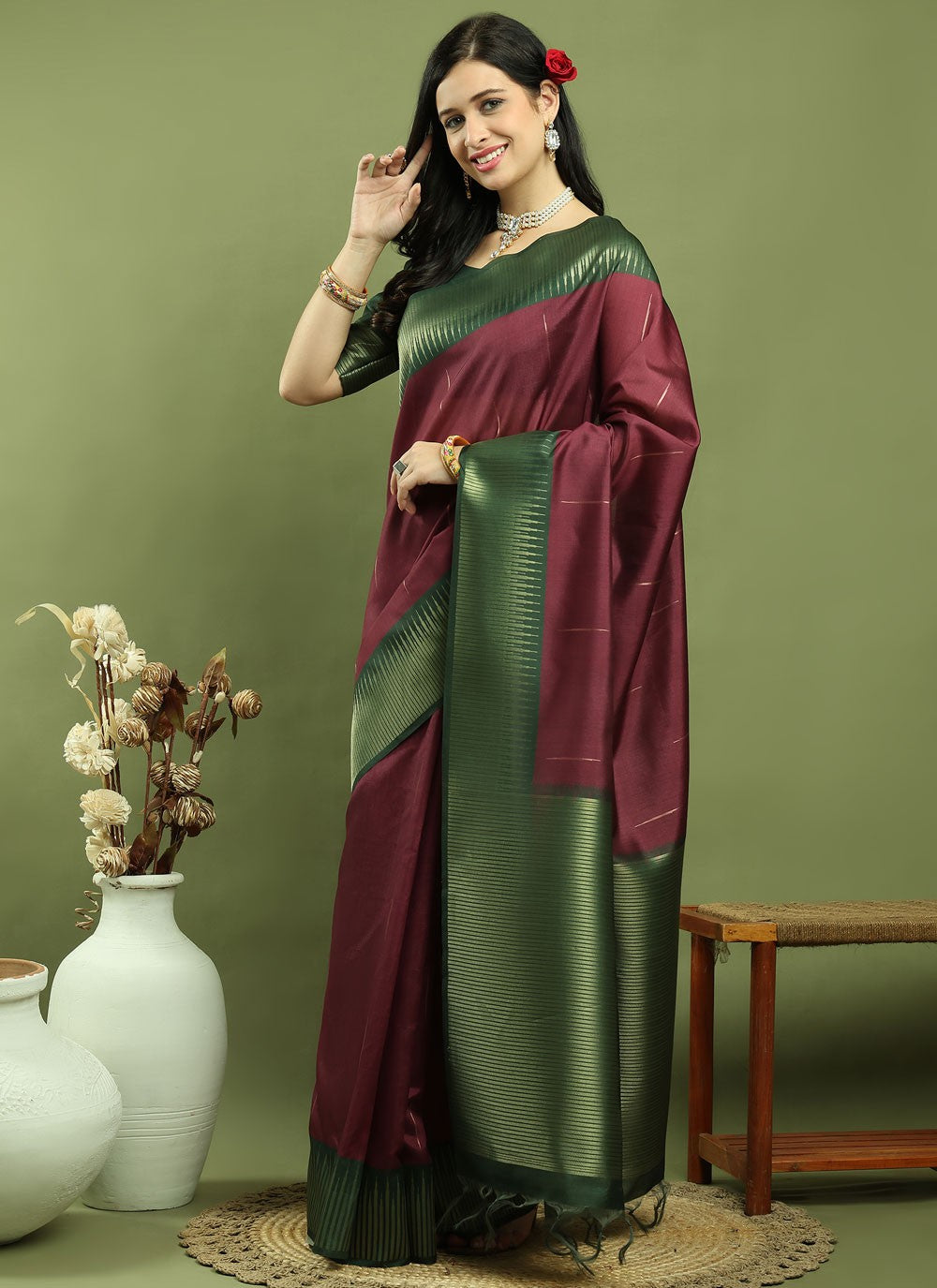 Classic Border Work Silk Blend Saree - S9786