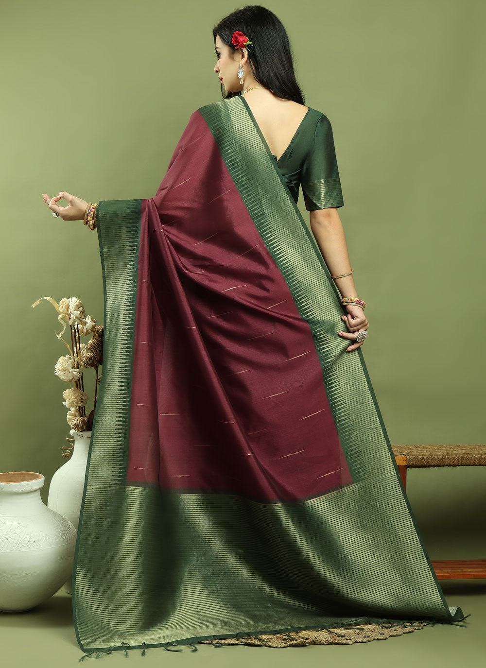 Classic Border Work Silk Blend Saree - S9786