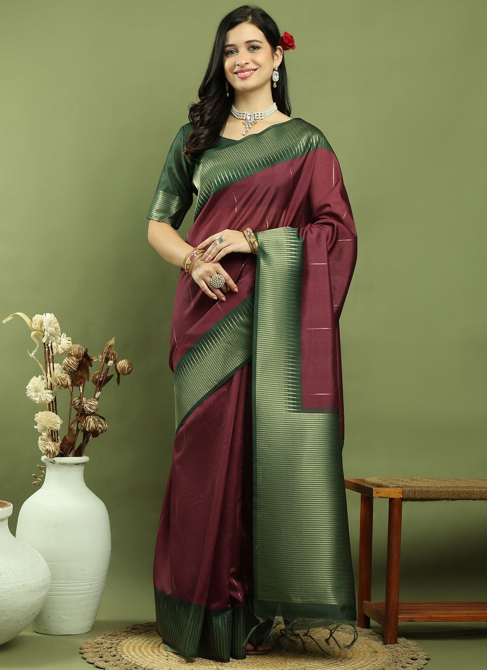 Classic Border Work Silk Blend Saree - S9786