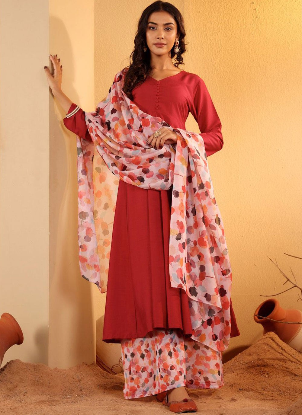 Floral Printed Silk Blend Pant Style Suit - T4844