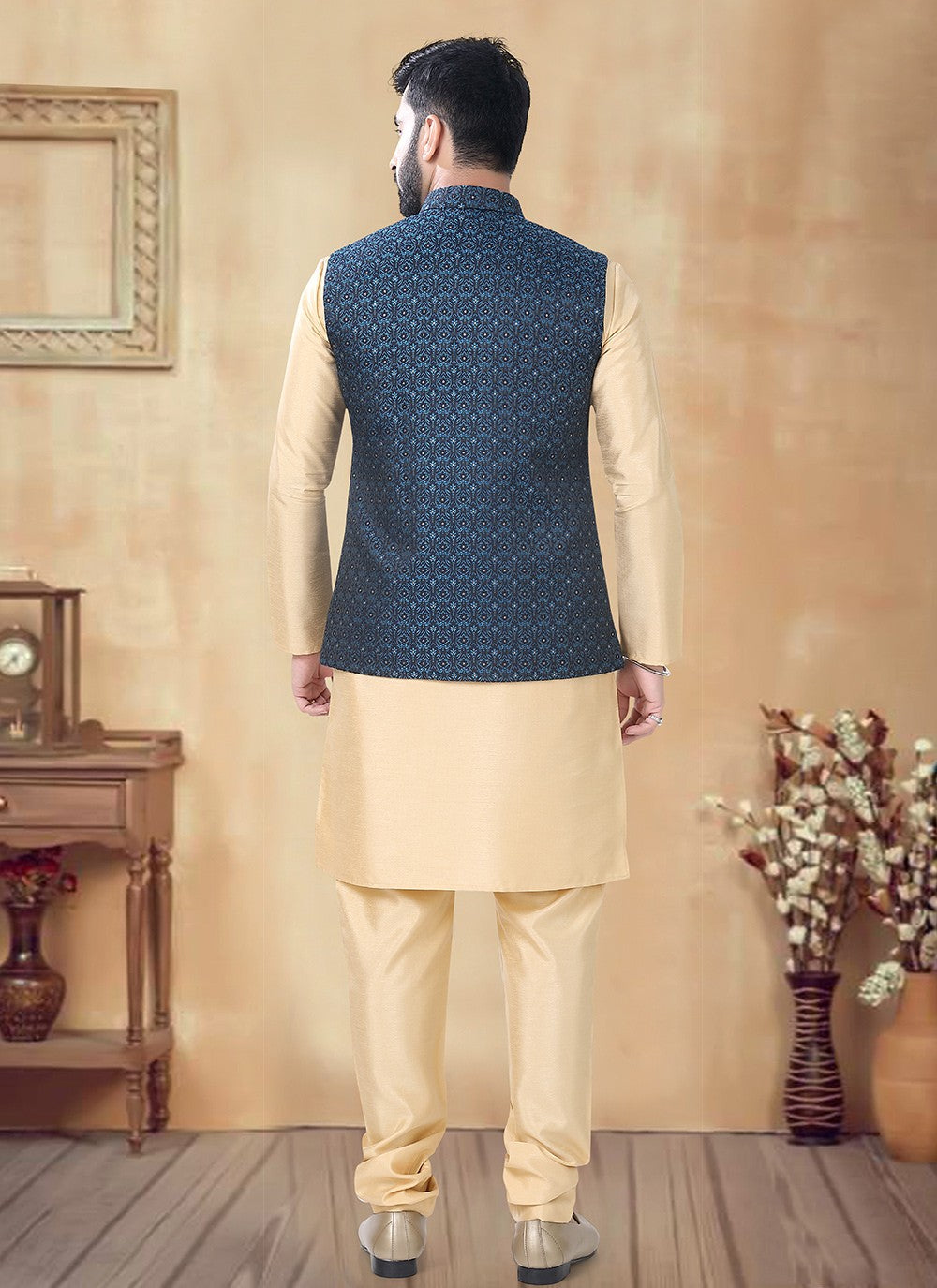 Sequins Silk Blue, Gold Kurta Payjama With Jacket - M8481