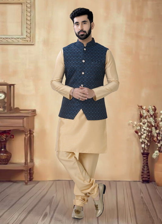 Sequins Silk Blue, Gold Kurta Payjama With Jacket - M8481