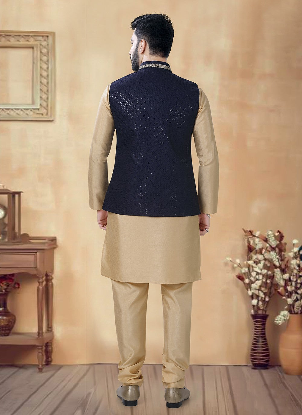 Embroidered Silk Blue, Gold Kurta Payjama With Jacket - M8475