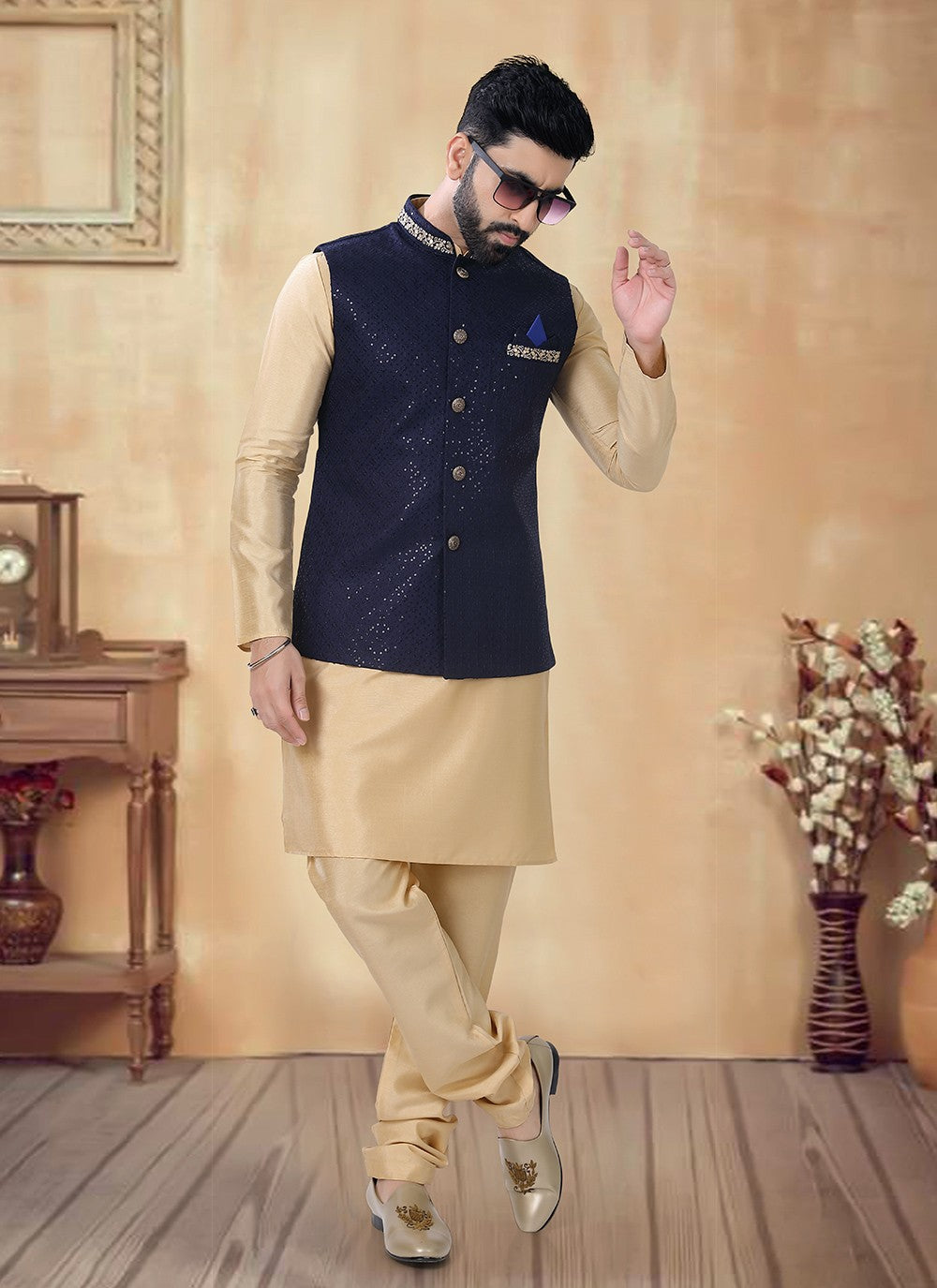 Embroidered Silk Blue, Gold Kurta Payjama With Jacket - M8475