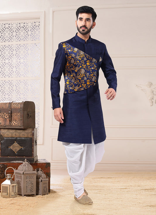 Fancy Work Jacquard, Silk Blue Indo Western - M4720