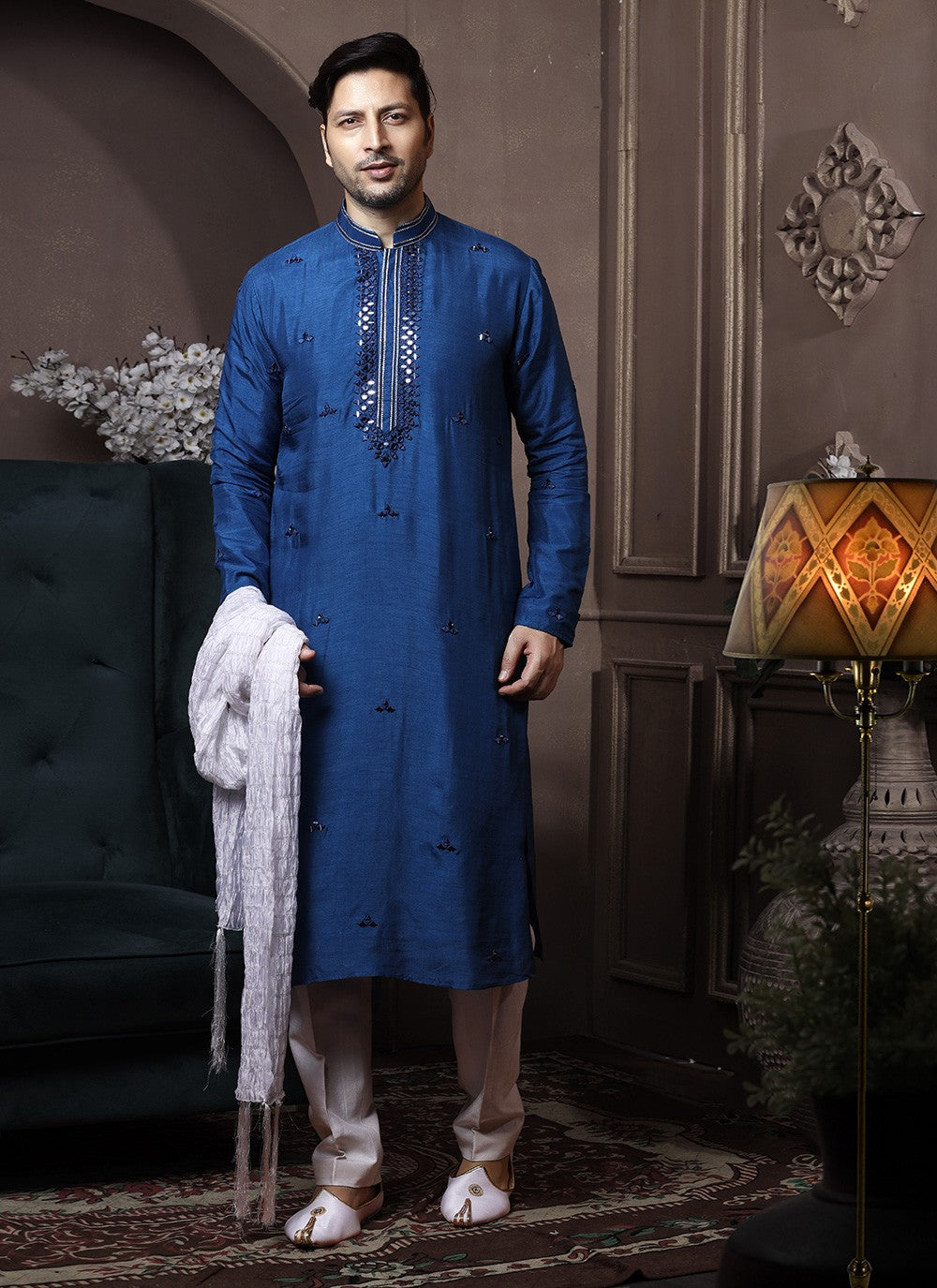 Embroidered Silk Blue Kurta Pyjama - M3641