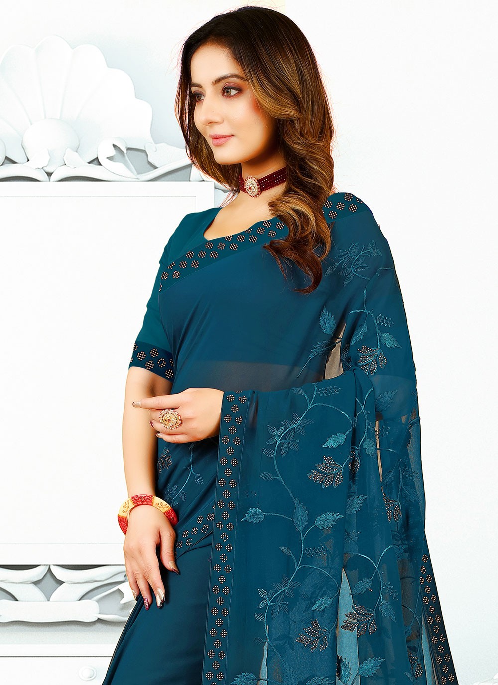 Contemporary Border Work Georgette, Silk Saree - S2671