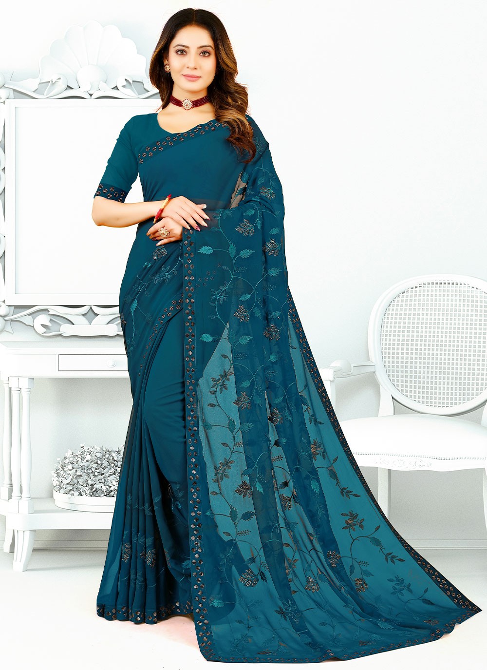 Contemporary Border Work Georgette, Silk Saree - S2671