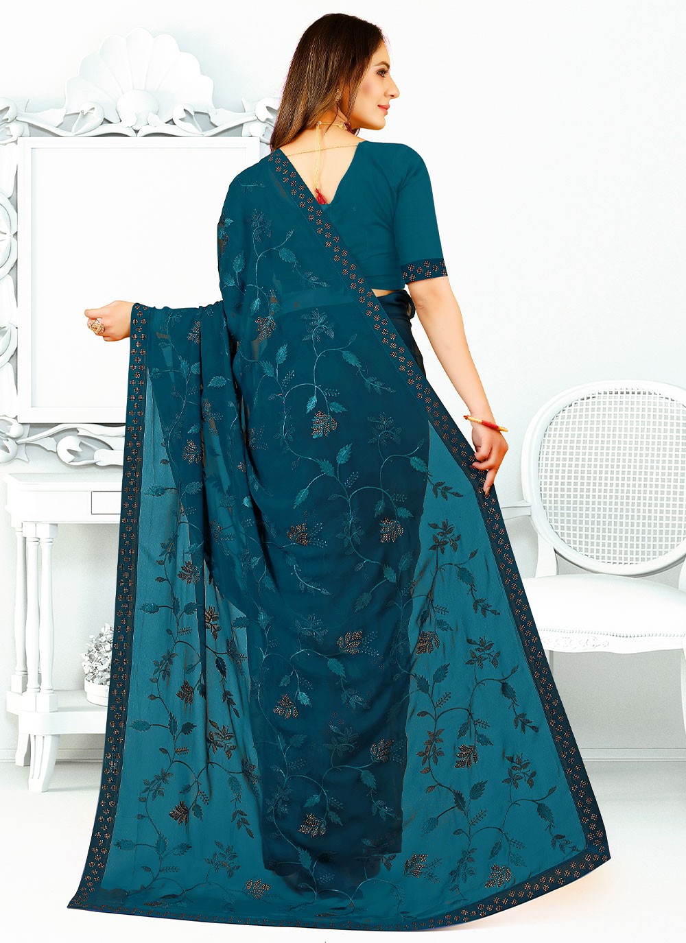 Contemporary Border Work Georgette, Silk Saree - S2671