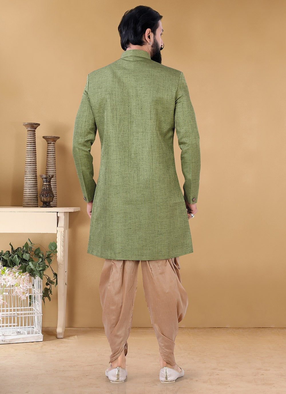 Buttons Linen, Silk Green Indo Western - M3176