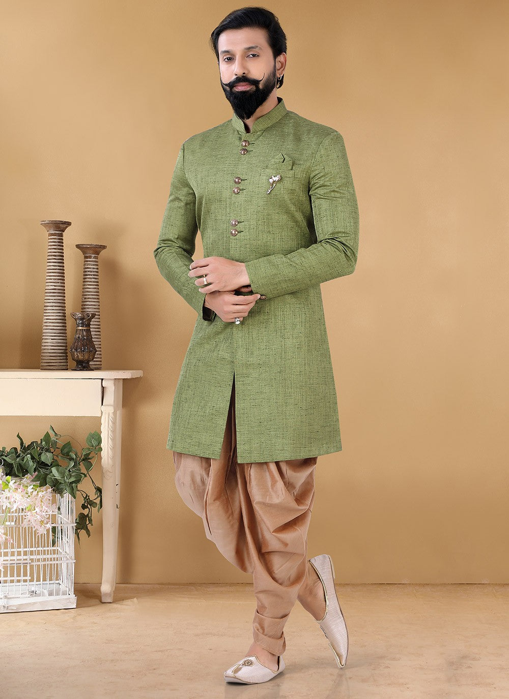 Buttons Linen, Silk Green Indo Western - M3176