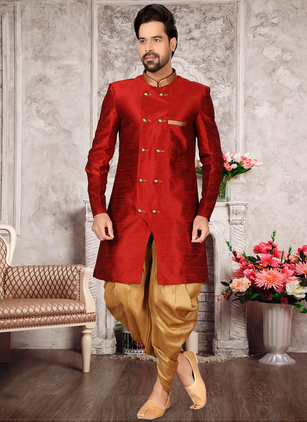 Buttons Brocade, Silk Maroon Indo Western Sherwani - M2994