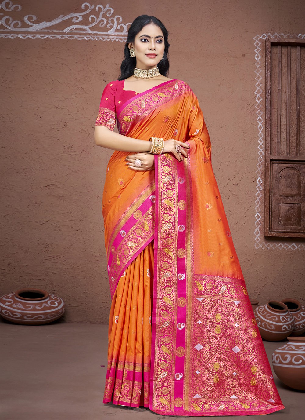 Classic Weaving Zari Silk Orange Saree - S11207