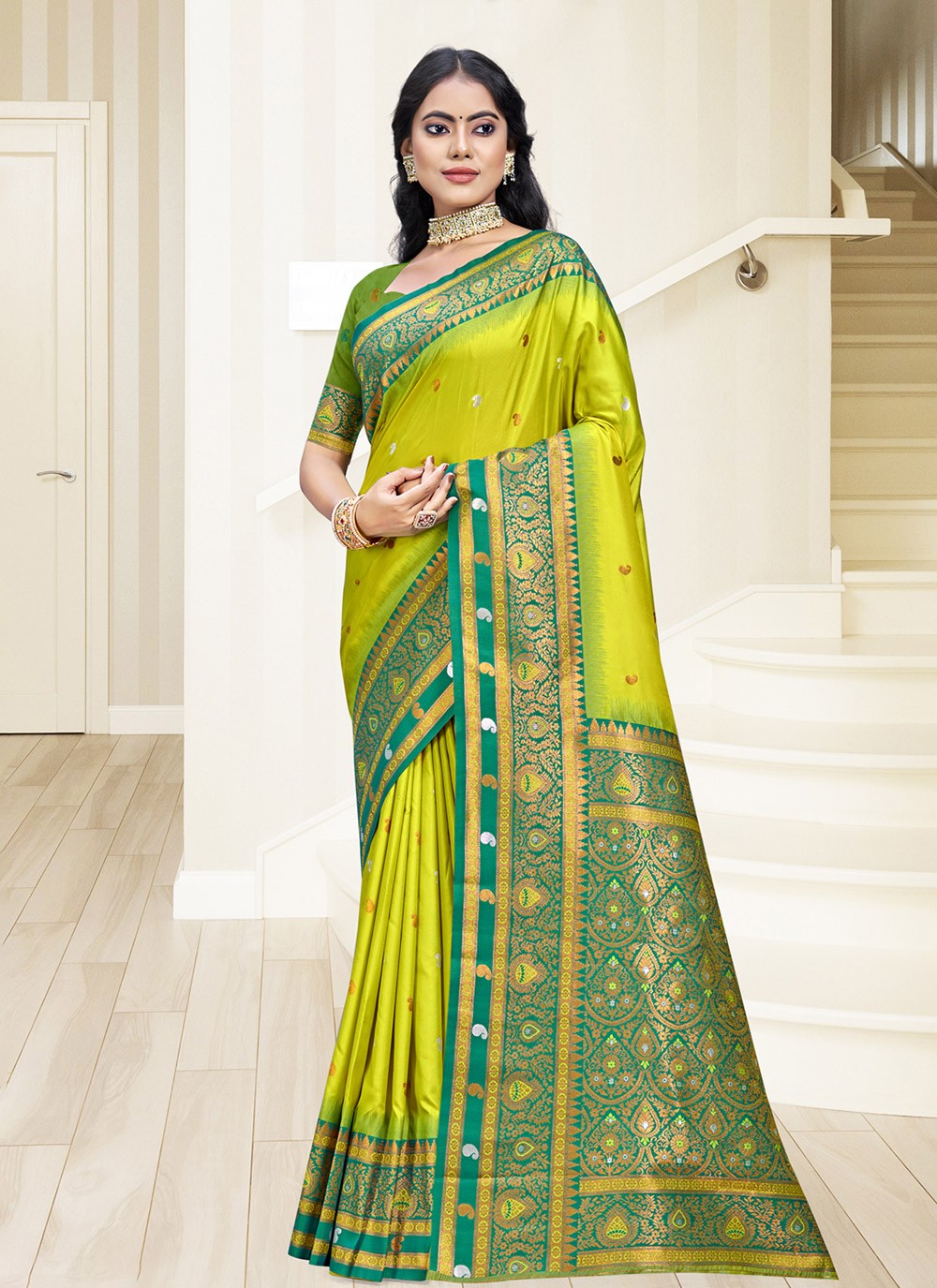 Contemporary Weaving Zari Silk Sea Green Saree - S11178