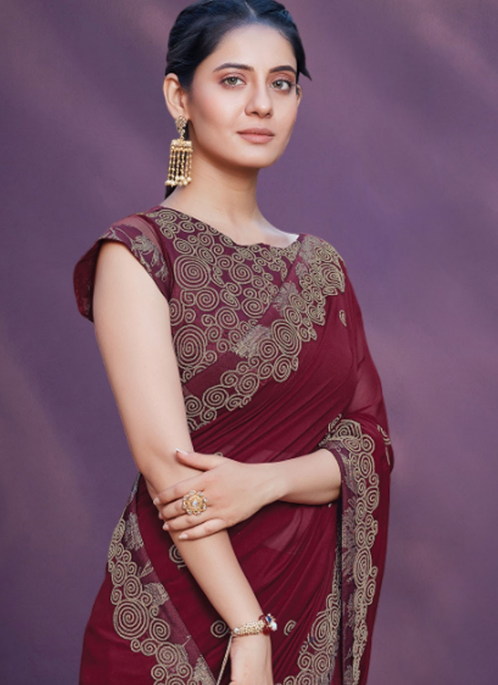 Traditional Border Work Georgette, Silk Saree - S7478