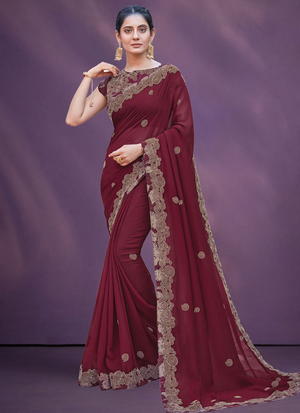 Traditional Border Work Georgette, Silk Saree - S7478