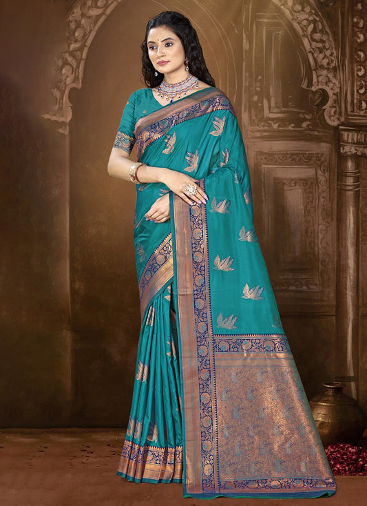 Contemporary Weaving Zari Silk Teal Saree - S11135