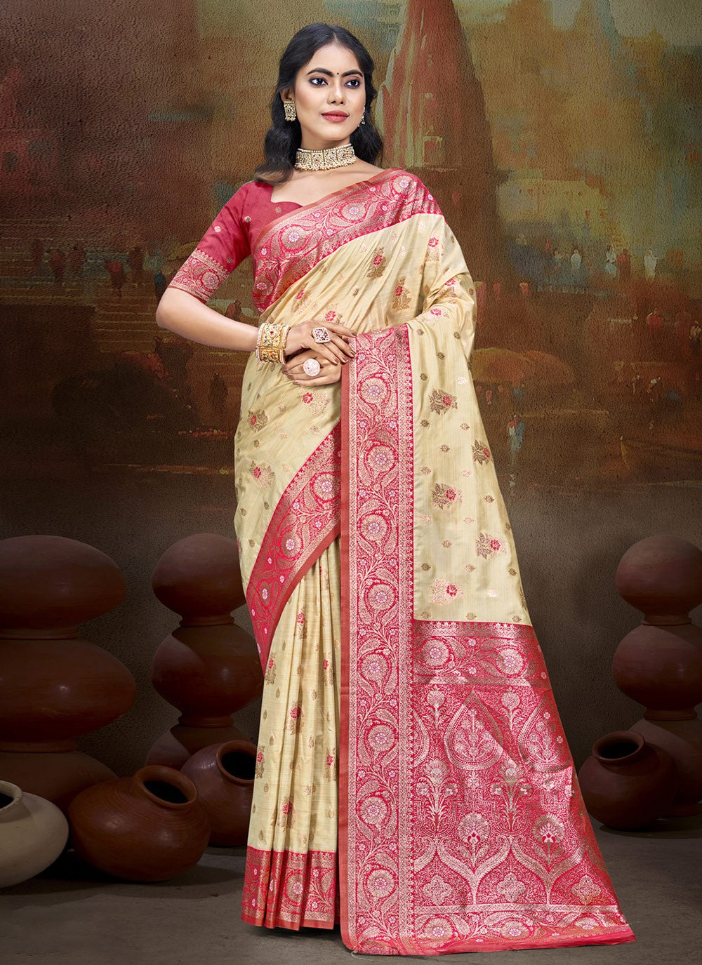 Trendy Weaving Zari Silk Cream, Purple Saree - S11027