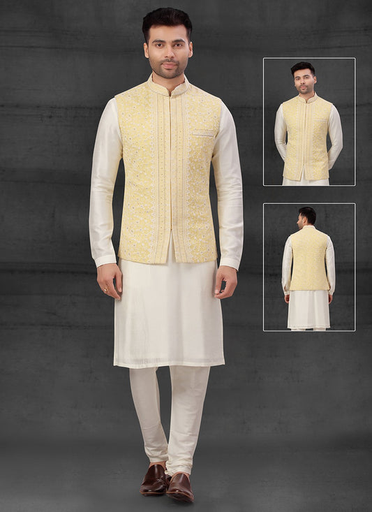 Embroidered Silk Cream, Yellow Kurta Payjama With Jacket - M4099