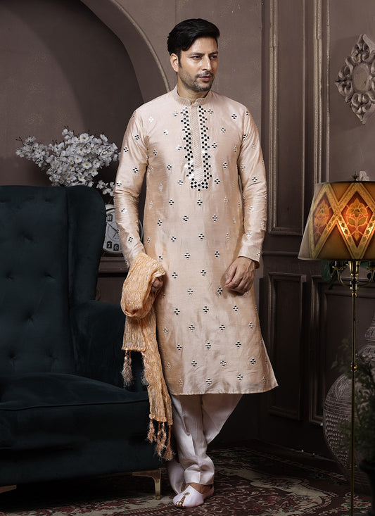 Embroidered Silk Cream Kurta Pyjama - M3629