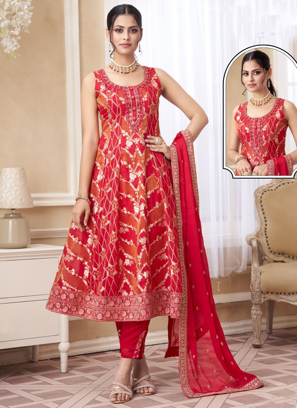 Embroidered Silk Pant Style Suit - T4350