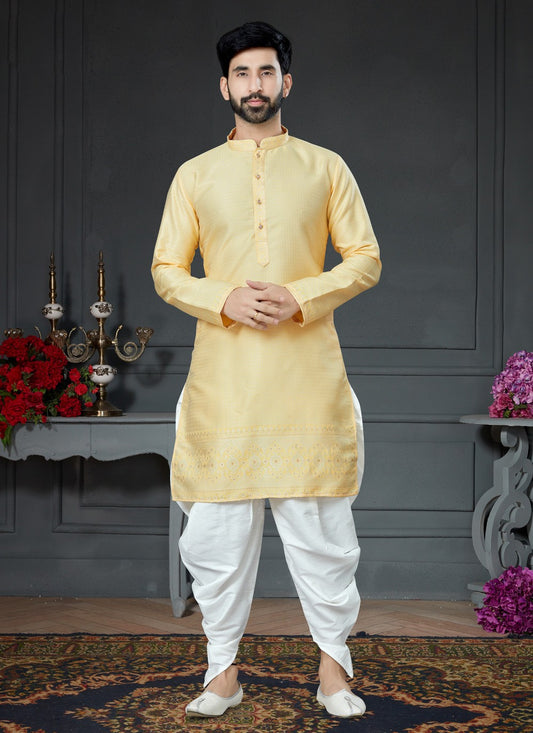 Jacquard Work Silk Yellow Dhoti Kurta - M4161