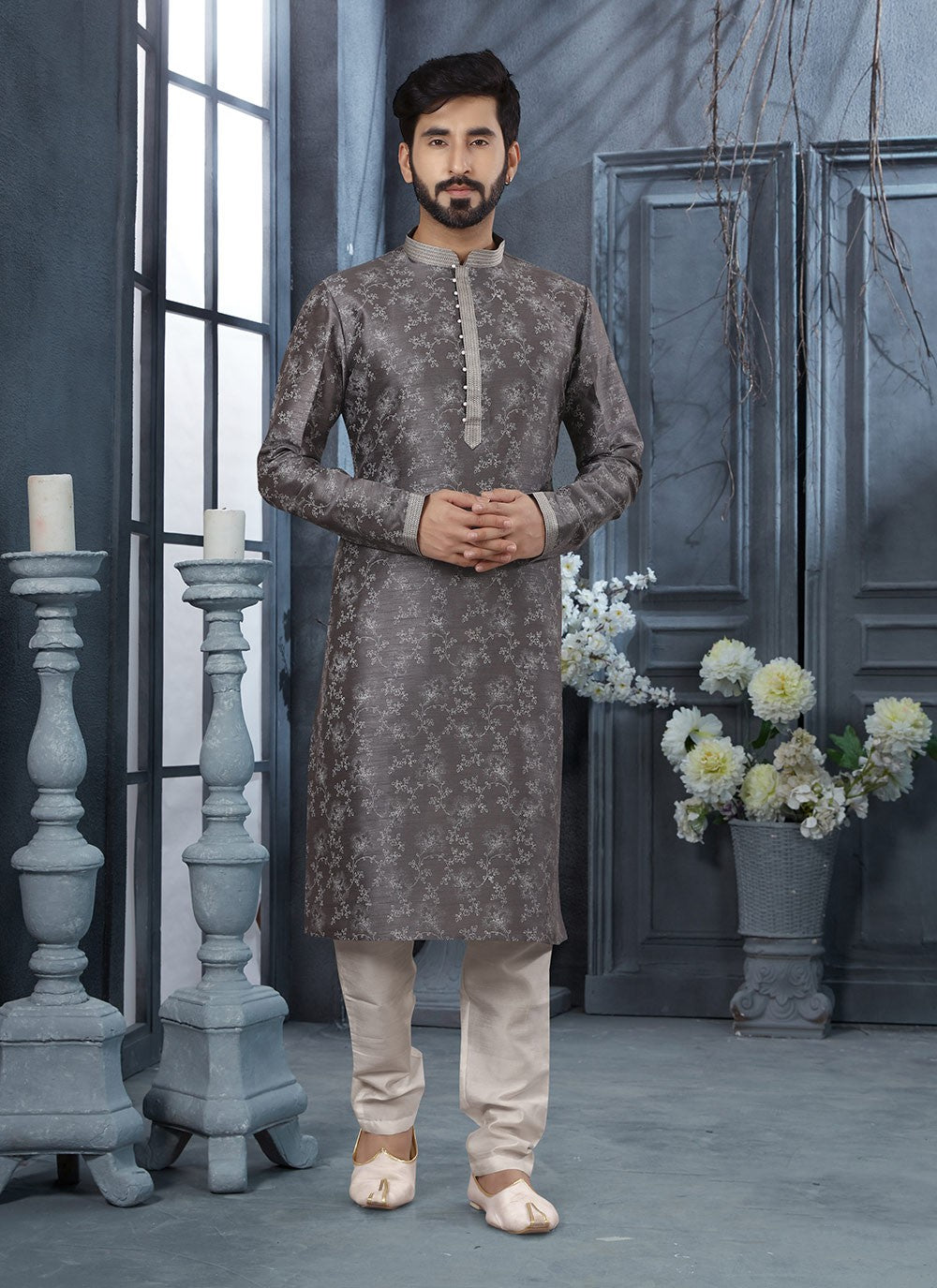 Digital Print Silk Grey Kurta Pyjama - M3054