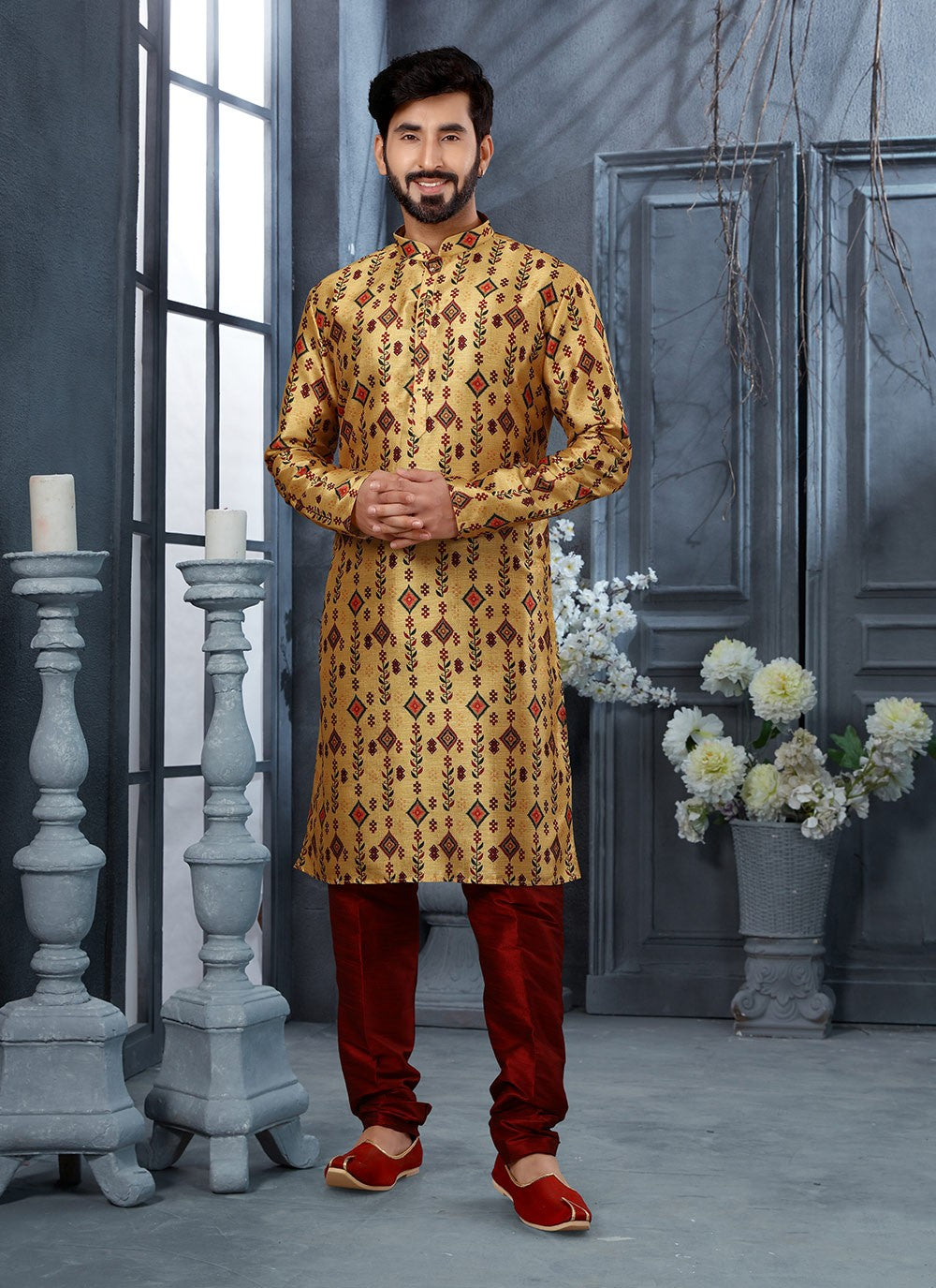 Digital Print Silk Yellow Kurta Pyjama - M3040