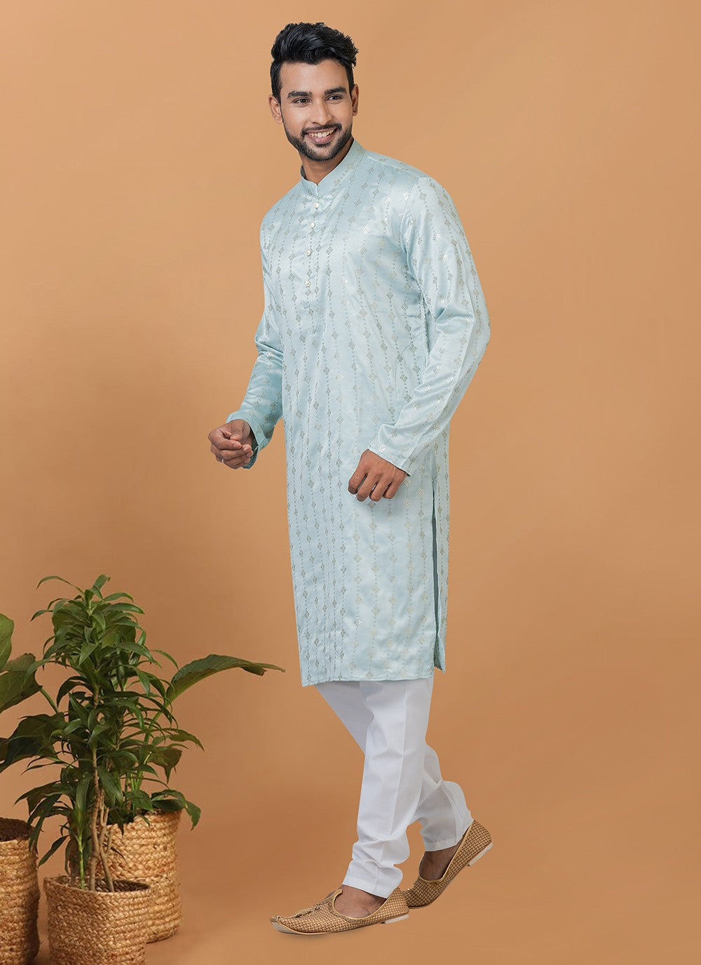 Embroidered Silk Aqua Blue Kurta Pyjama - M6267