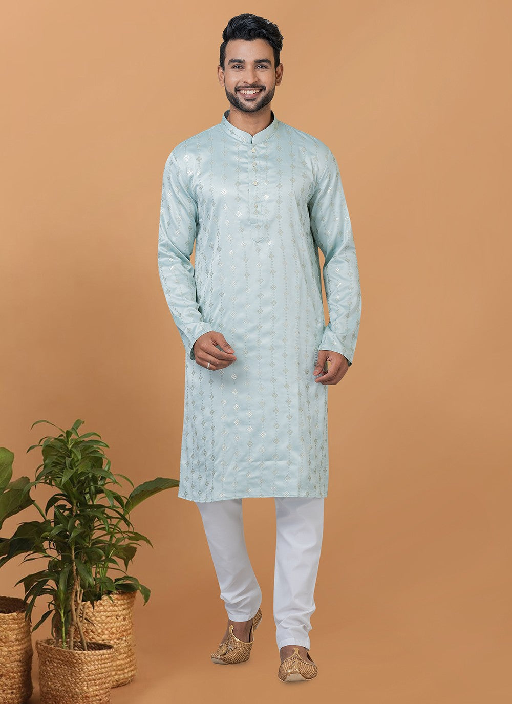 Embroidered Silk Aqua Blue Kurta Pyjama - M6267