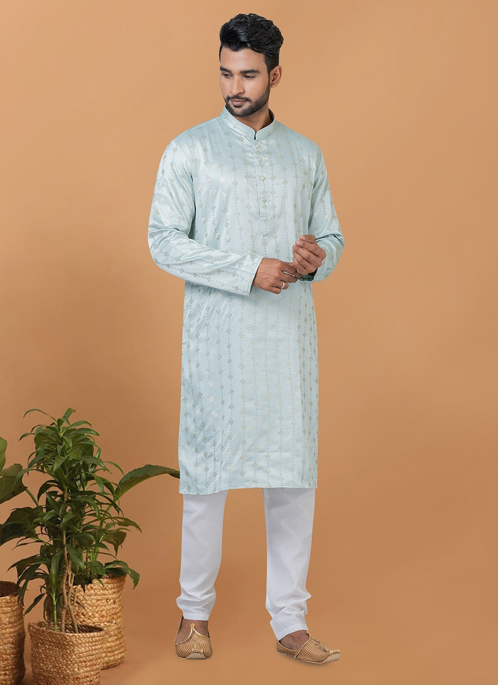 Embroidered Silk Aqua Blue Kurta Pyjama - M6267