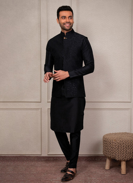 Embroidered Silk Black Kurta Payjama With Jacket - M8365