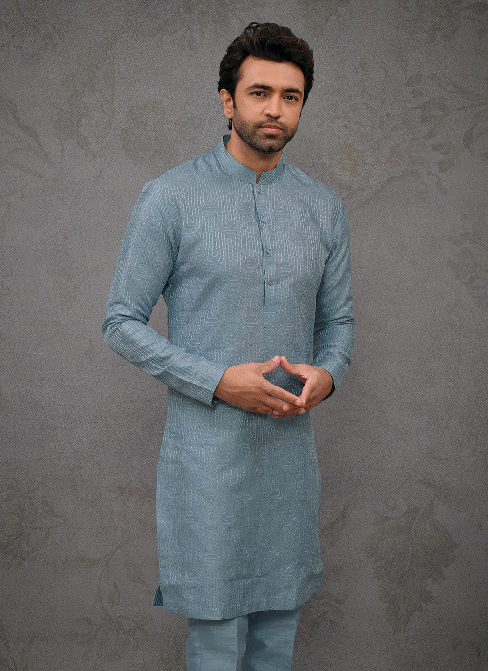 Embroidered Silk Blue Kurta Pyjama - M8384