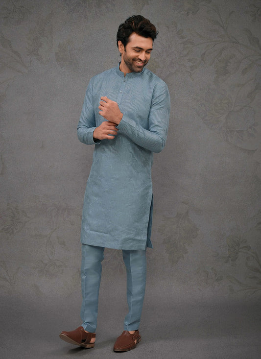 Embroidered Silk Blue Kurta Pyjama - M8384