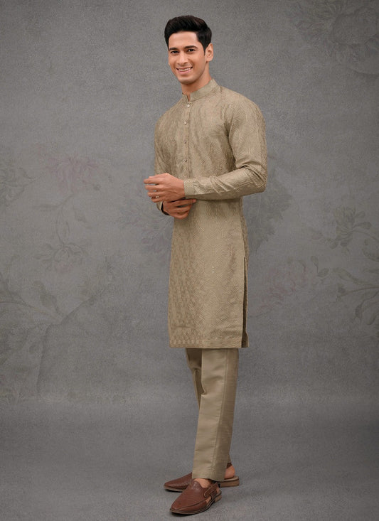 Embroidered Silk Brown Kurta Pyjama - M8399