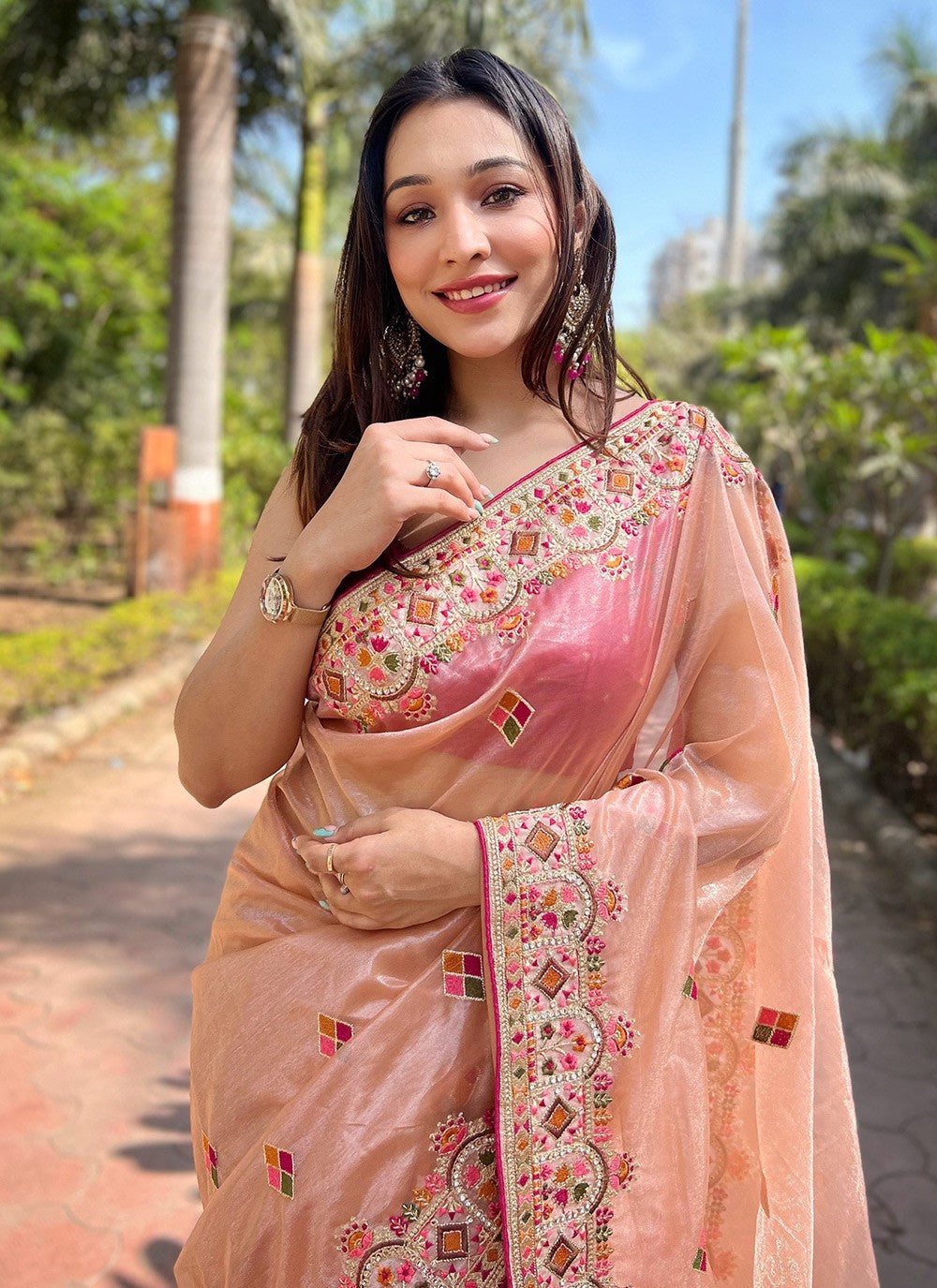 Contemporary Embroidered Silk, Tissue Peach Saree - S10672