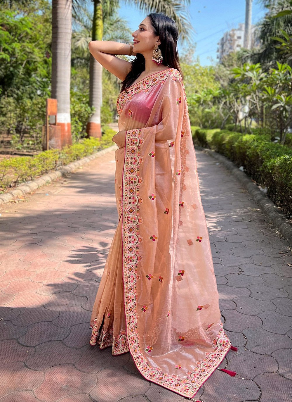 Contemporary Embroidered Silk, Tissue Peach Saree - S10672