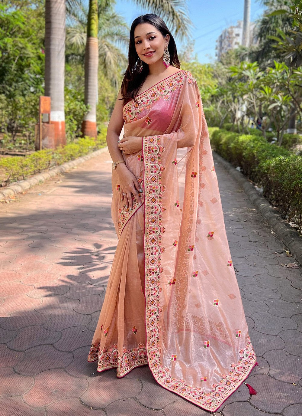 Contemporary Embroidered Silk, Tissue Peach Saree - S10672