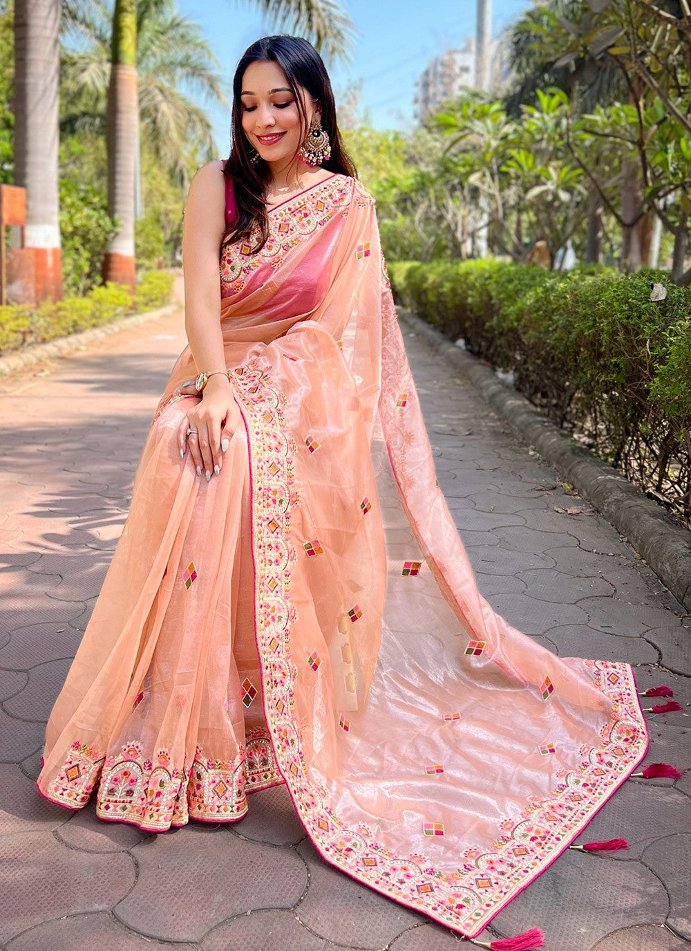 Contemporary Embroidered Silk, Tissue Peach Saree - S10672