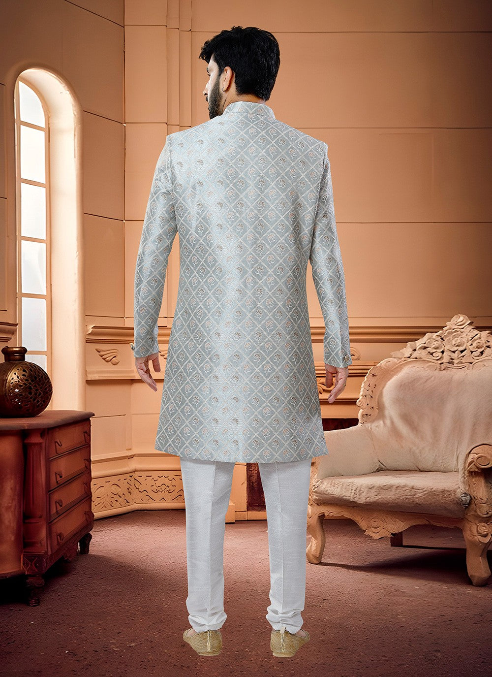 Embroidered Silk Grey Indo Western Sherwani - M4313