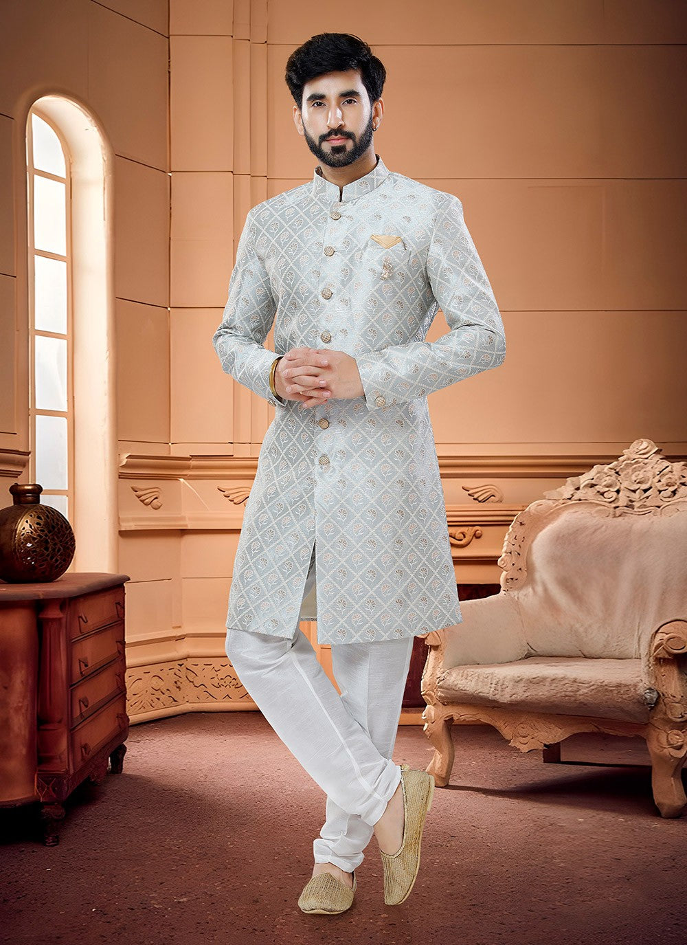 Embroidered Silk Grey Indo Western Sherwani - M4313